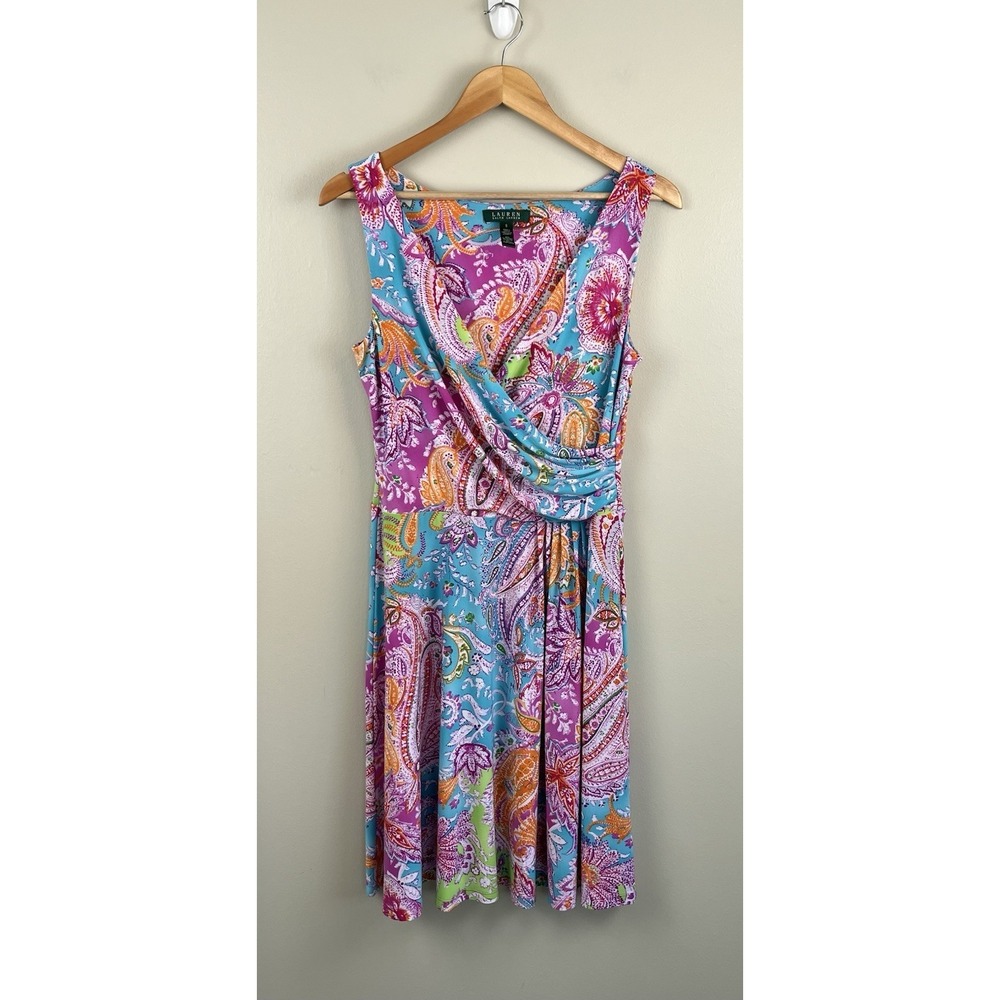 Lauren Ralph Lauren‎ Women's Dress Multicolor Paisley Faux Wrap Top Sz Sm
